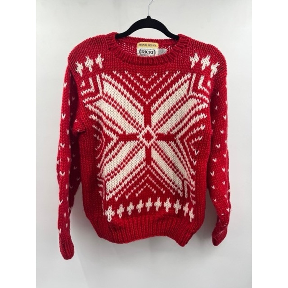 Vintage RICKI Womens Red White HandKnit Nordic Sweater MEDIUM Retro Cabin